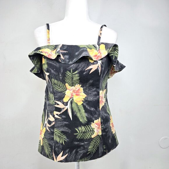 Women's Black Floral Hibiscus Yellow Ruffle Strappy Backless Hawaiian Top - Picture 1 of 7